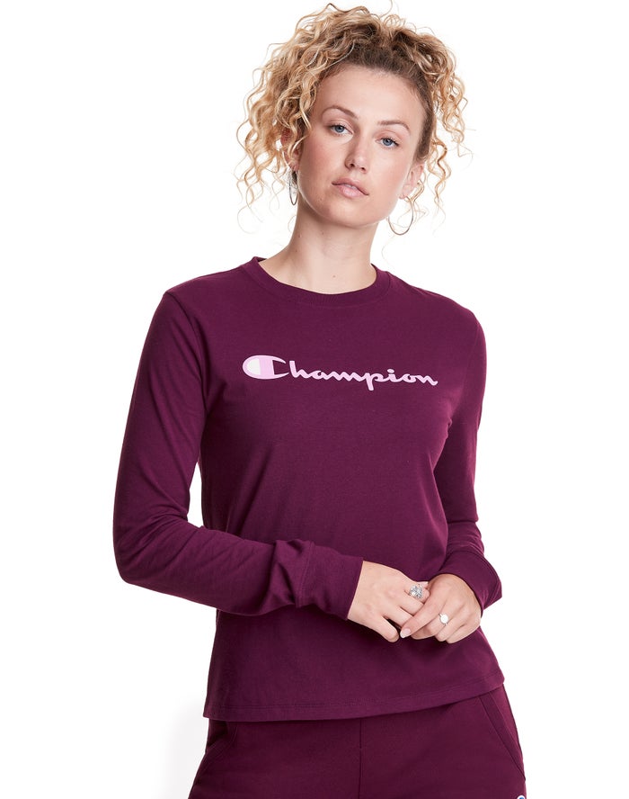 Champion Classic Long-Sleeve Script Logo Kadın Tişört Koyu Mor ( OUIYBT365 )